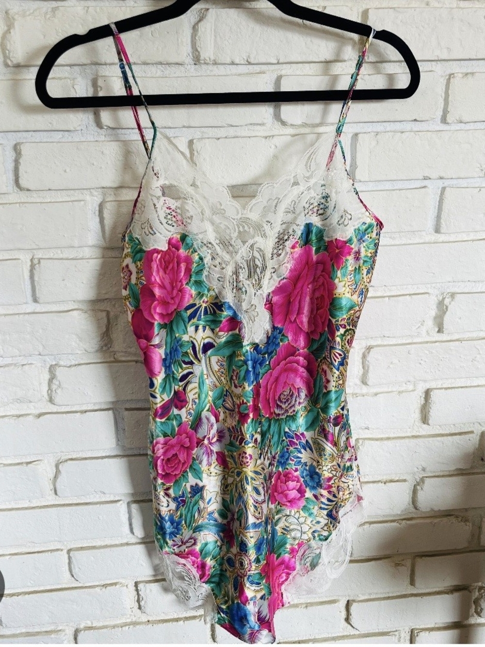 Vintage Victoria's Secret Pink and Teal Floral Satin Slip